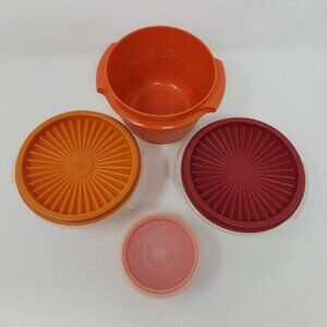 Tupperware Container Lot 4 Bowls 3 Lids Vintage USA Yellow, Orange, Red Fall
